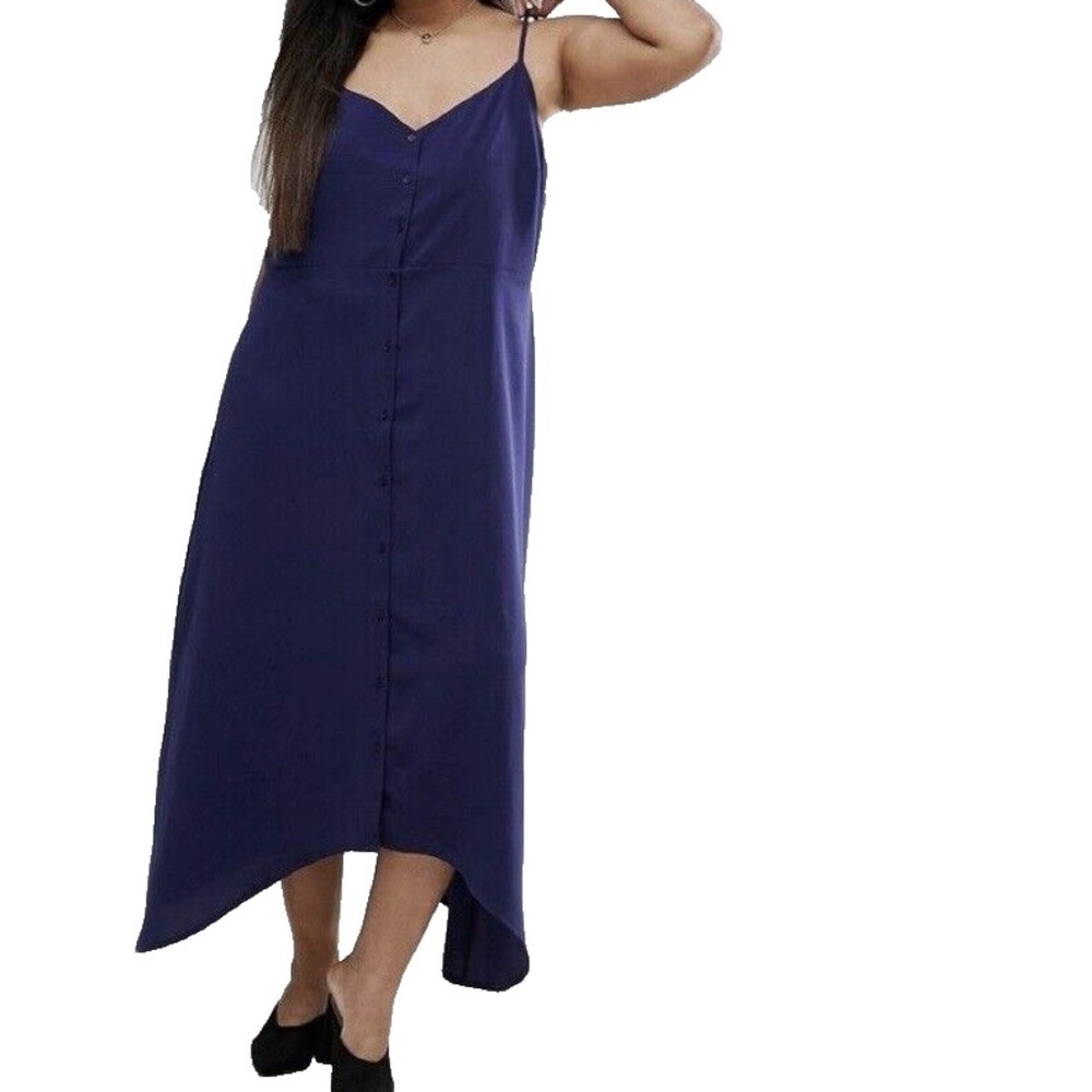 ASOS Curve Midi Button Through Dress Dipped Hem Navy Blue Size 12 Straps NWT